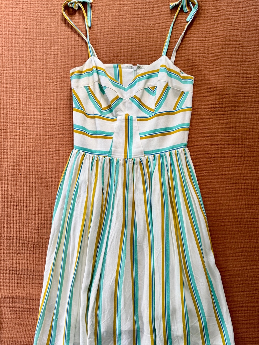Women’s Amanda Uprichard White + Green Striped Tie-Shoulder Sundress, Size Small